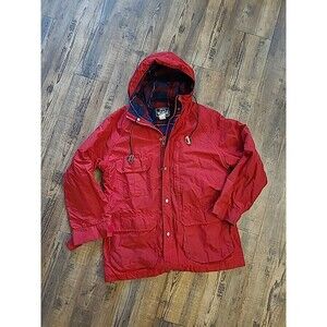 Vintage Woolrich Coat Womens M Red Flannel Lined Hooded Full Zip Made In USA